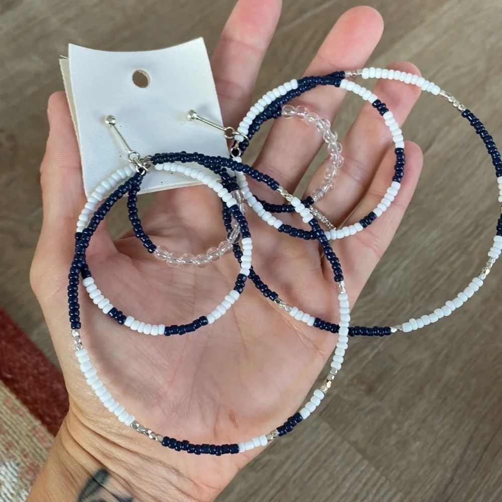 NEW NWT Free People navy Blue White Beaded Hoop Landslide Earrings Layered